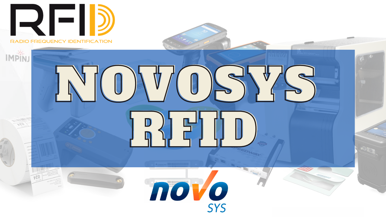 Banner de Novosys RFID con fondo de equipos y etiquetas tecnológicas. Texto central 'Novosys RFID'. Logotipo RFID y logotipo de Novosys al pie.